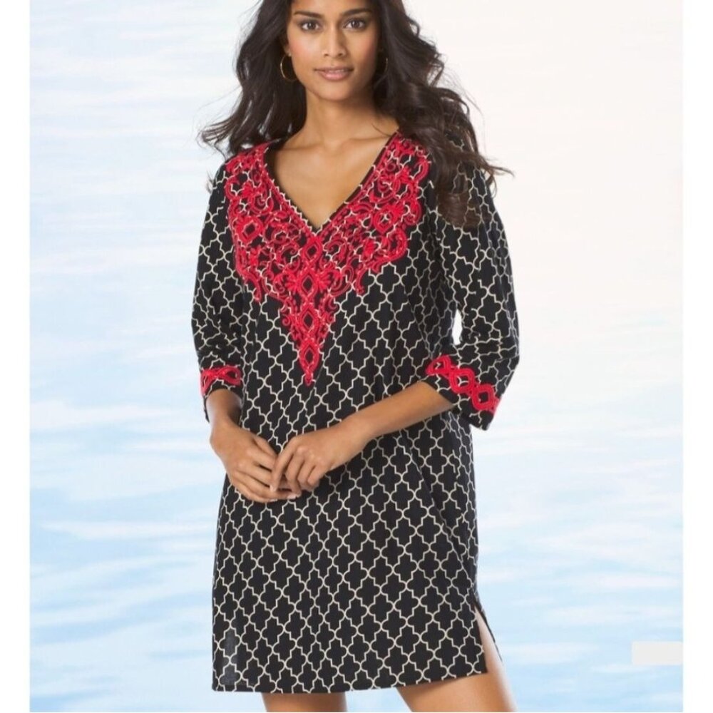 Soma Cover Up Womens Medium Black Embroidered Swim Beach Boho Tunic Dress